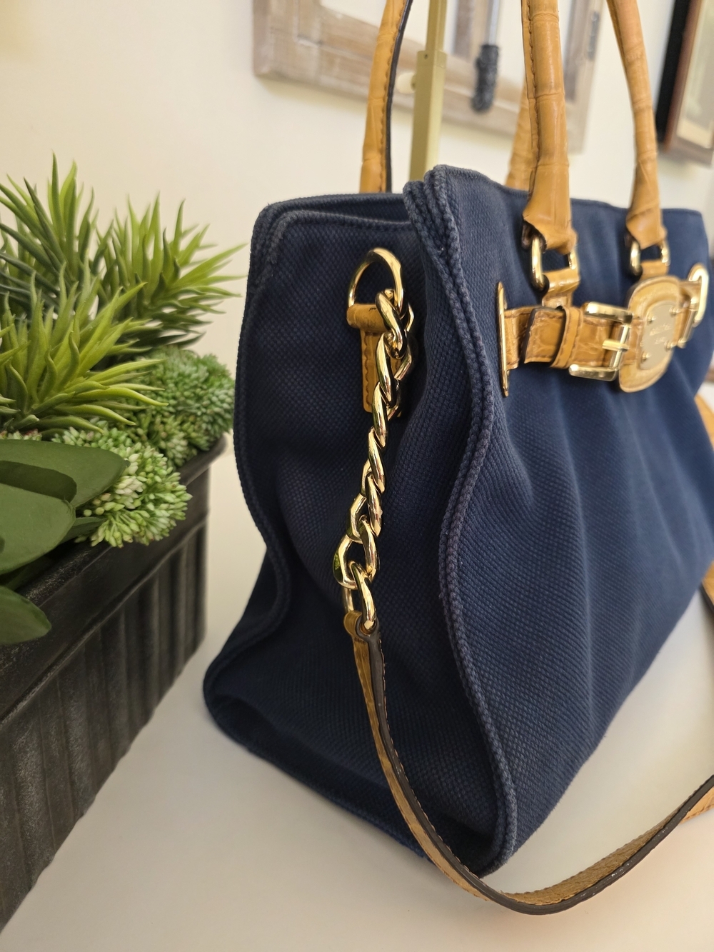 Michael Kors Hamilton East/West Large Tote Navy Canvas Leather Trim Crossbody - Picture 4 of 16
